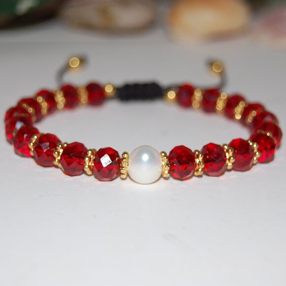 Pearl Bracelet,Fresh Water Pearl,Crystal Glass Beads,Drawstring,Red Bracelet - Picture 1 of 3